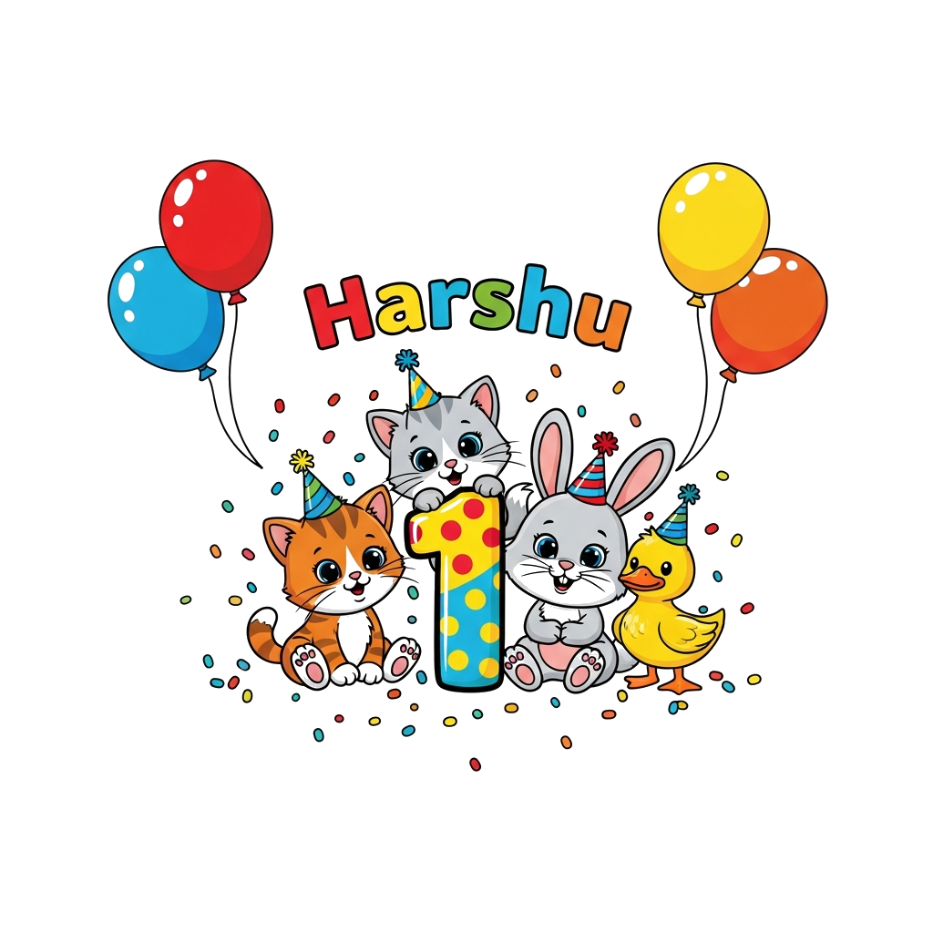 Custom design: A super cute cartoon kitten, a fluffy rabbit, and a sweet duckling all wearing tiny party hats, gathered around a lar...