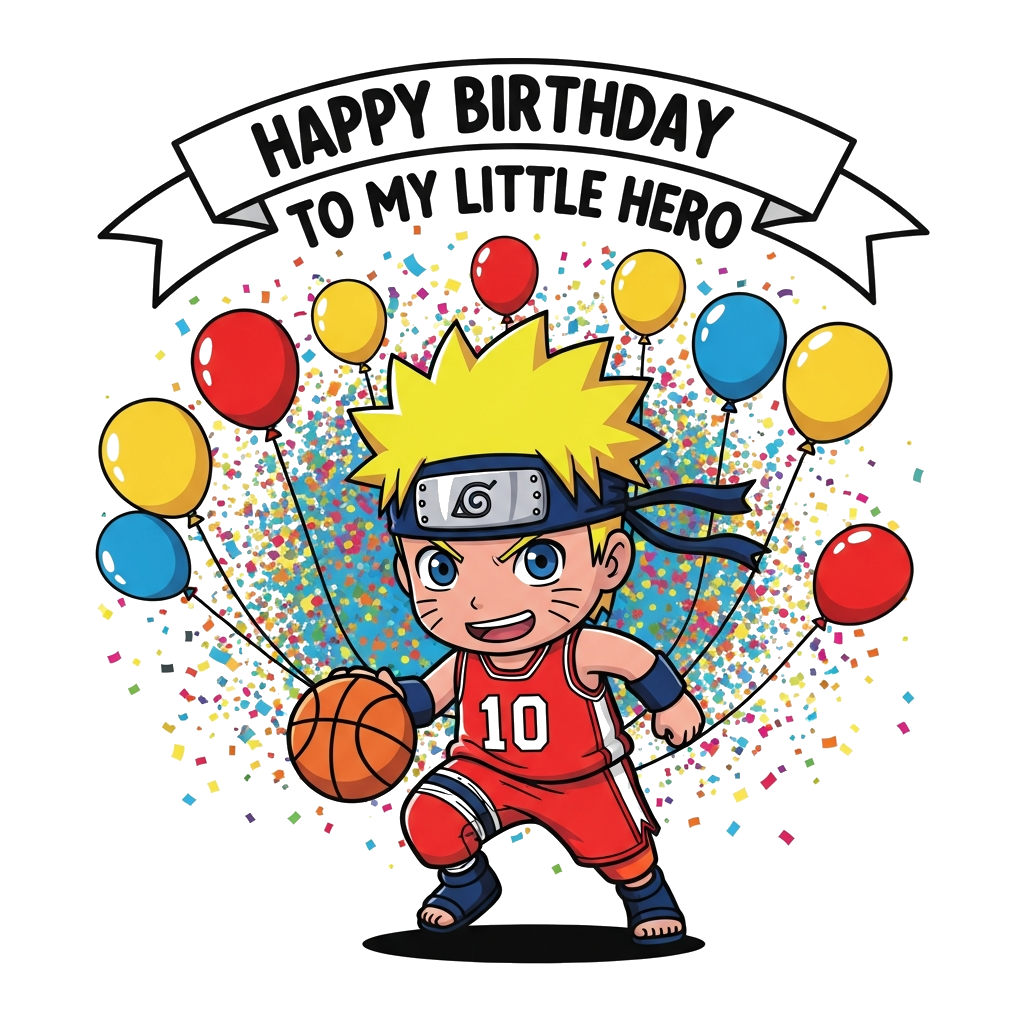 Custom design: A cute, cartoony chibi Naruto character wearing a basketball jersey, dynamically dribbling a basketball. The backgrou...