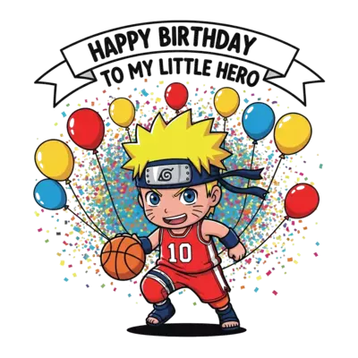 Design: A cute, cartoony chibi Naruto character wearing a basketball jersey, dynamica...
