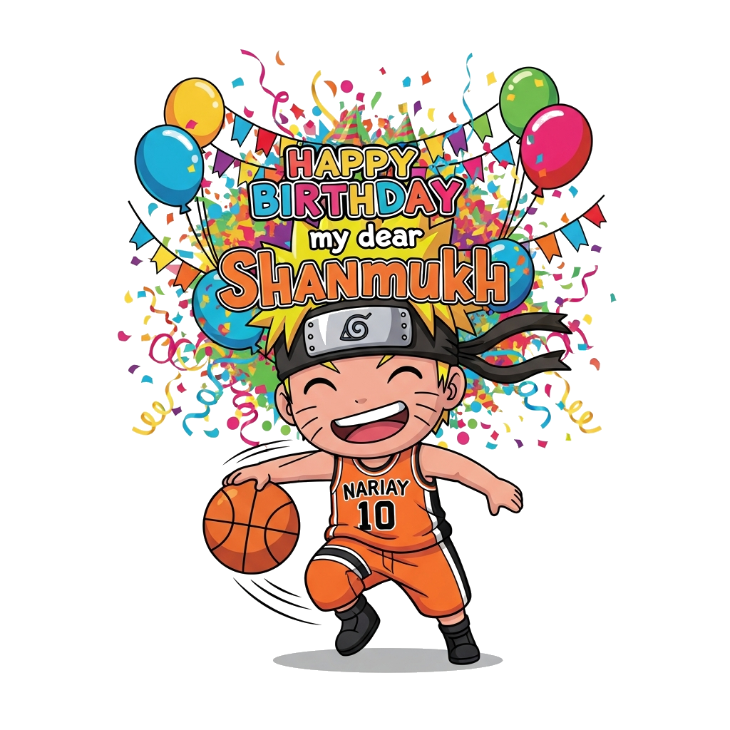 Custom design: A super cute, chibi Naruto character with a big smile, wearing a vibrant orange and black basketball jersey with the ...