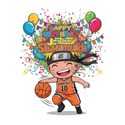 Design: A super cute, chibi Naruto character with a big smile, wearing a vibrant oran...