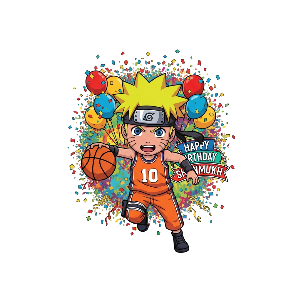 Custom design: A dynamic chibi Naruto character, wearing a bright orange basketball jersey with the number 10, mid-dribble with a ba...