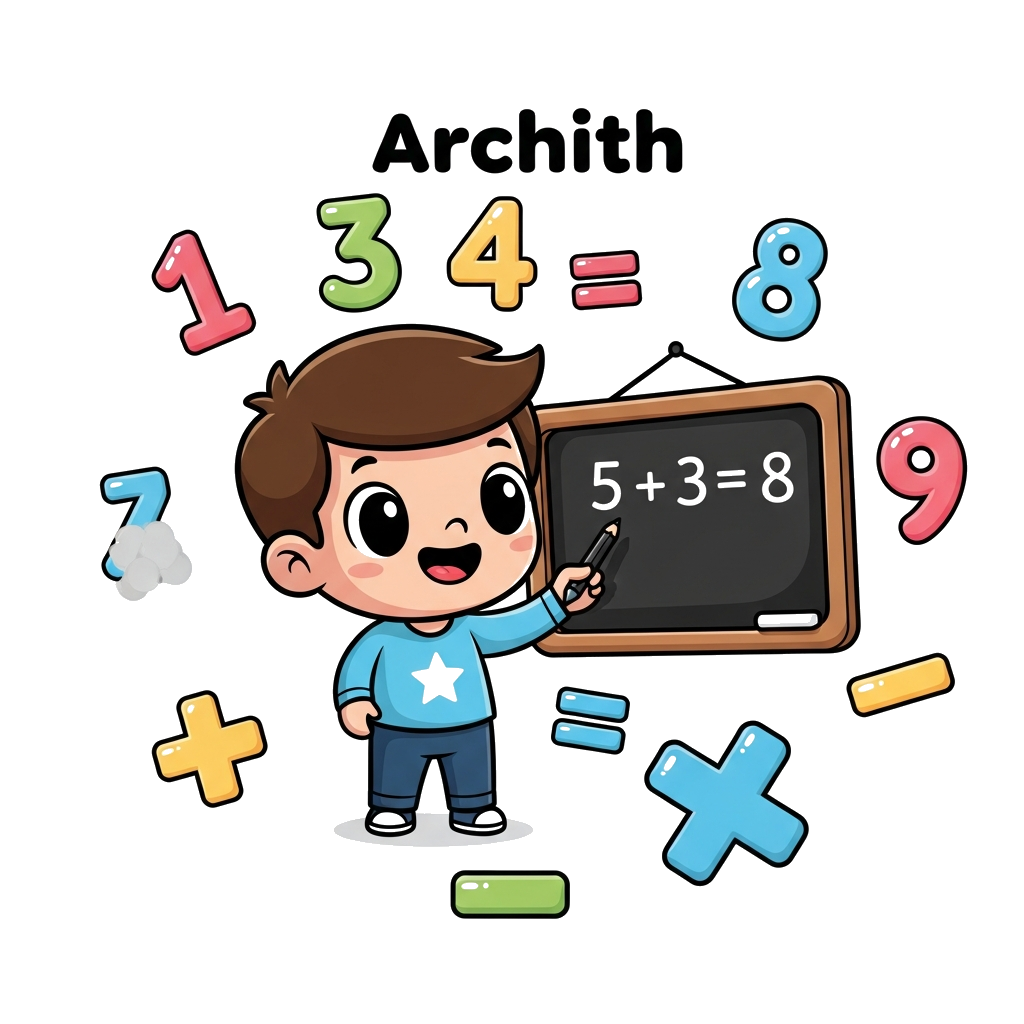 Custom design: A cute cartoon boy character named Archith, with big friendly eyes, happily solving a simple math problem on a floati...