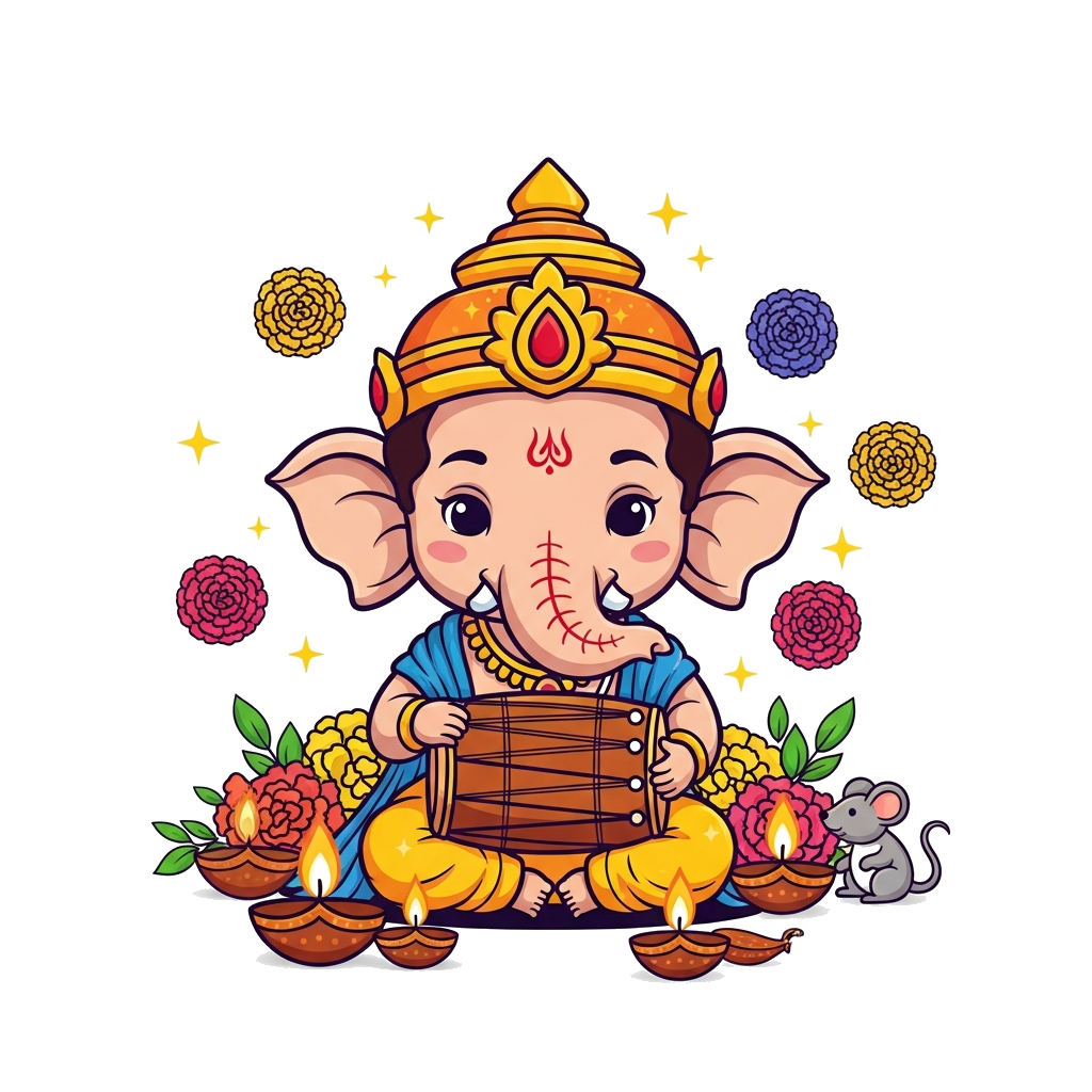 Custom design: A super cute, chibi-style Lord Ganesha playing a miniature dholak, surrounded by colorful marigold flowers, glowing d...