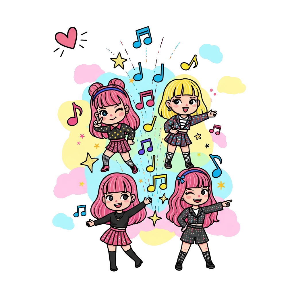 Custom design: A vibrant, playful illustration of four cute chibi-style K-pop girl group members, inspired by Blackpink, striking dy...