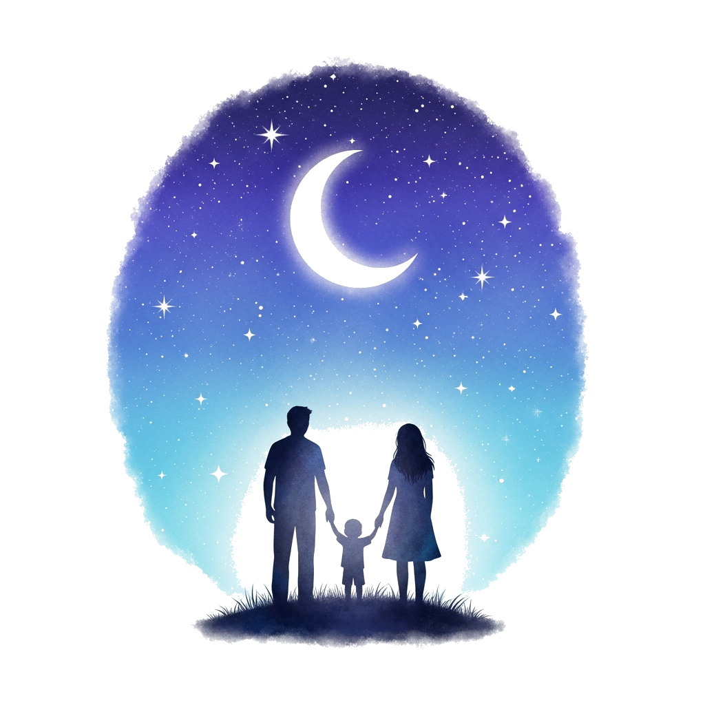 Custom design: A whimsical illustration of a father, mother, and child silhouetted against a starry night sky, holding hands and loo...