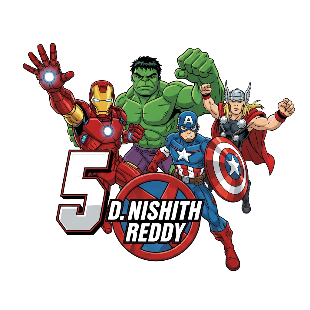 Custom design: A dynamic illustration featuring iconic Avengers like Iron Man, Captain America, Hulk, and Thor in a celebratory pose...