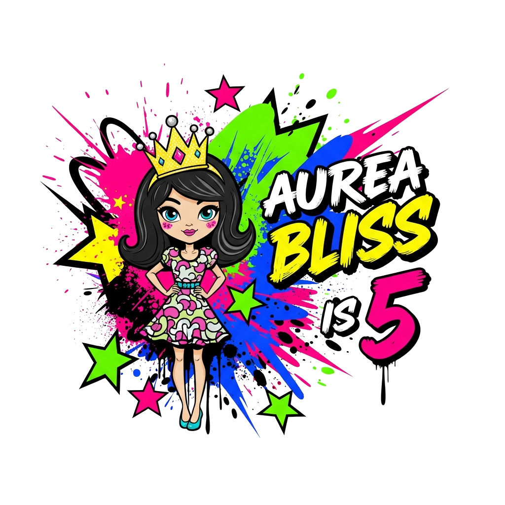 Custom design: A vibrant and dynamic cartoon princess illustration in a bold, funky style, with graffiti-inspired elements and a coo...
