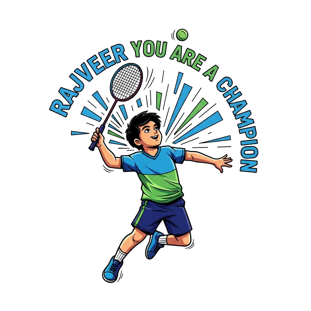 Custom design: A dynamic, bold illustration of a child (representing Rajveer) in action, mid-smash in a badminton game. The design f...