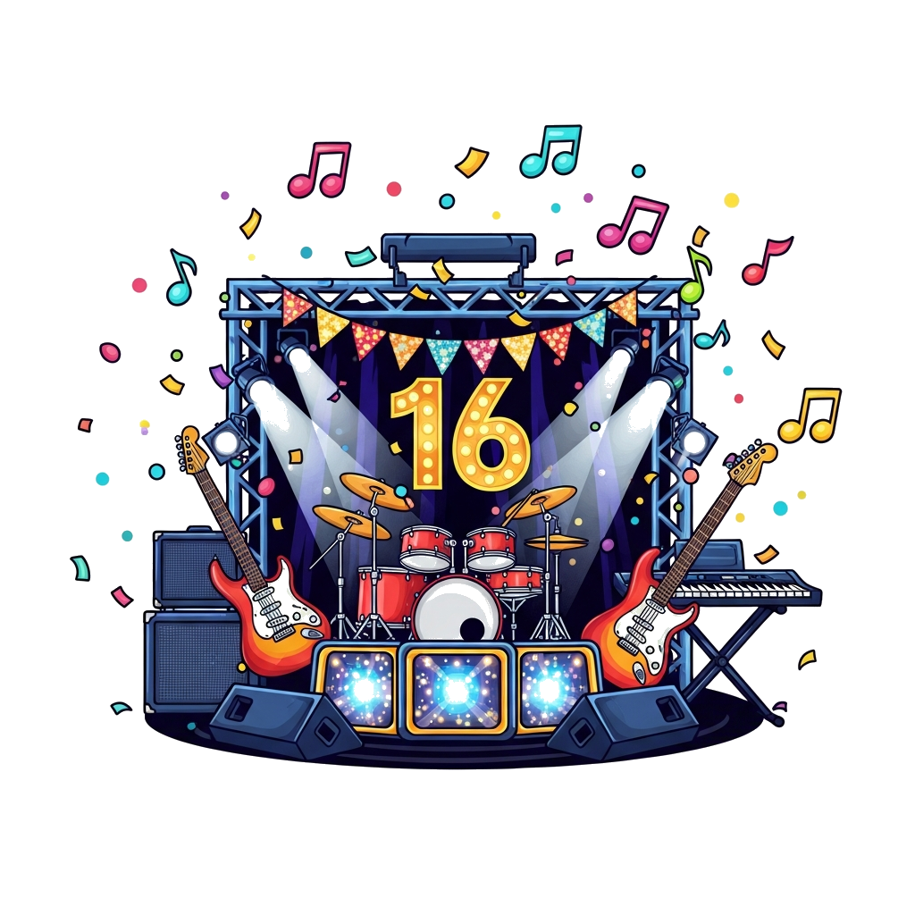 Custom design: A dynamic and vibrant illustration of a birthday music festival scene with a stage, spotlights, musical instruments l...