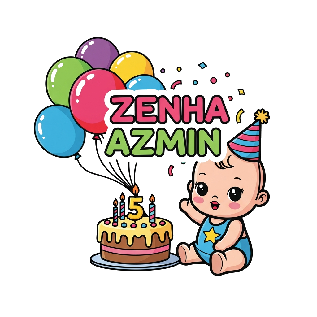 Custom design: A cute cartoon baby doll character wearing a tiny party hat, sitting next to a birthday cake with 5 candles, surround...