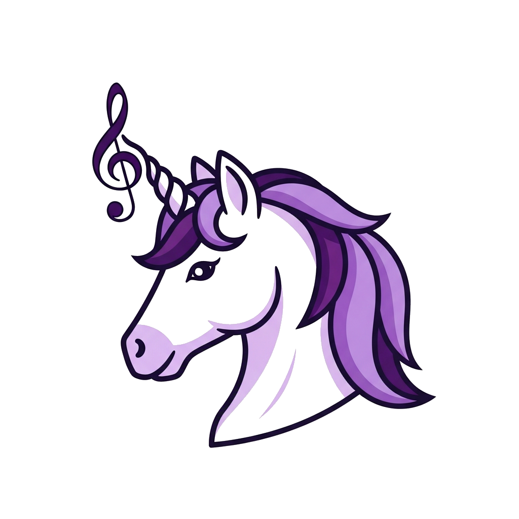 Custom design: A minimalist line art illustration of a majestic unicorn head, its horn subtly transforming into a musical treble cle...