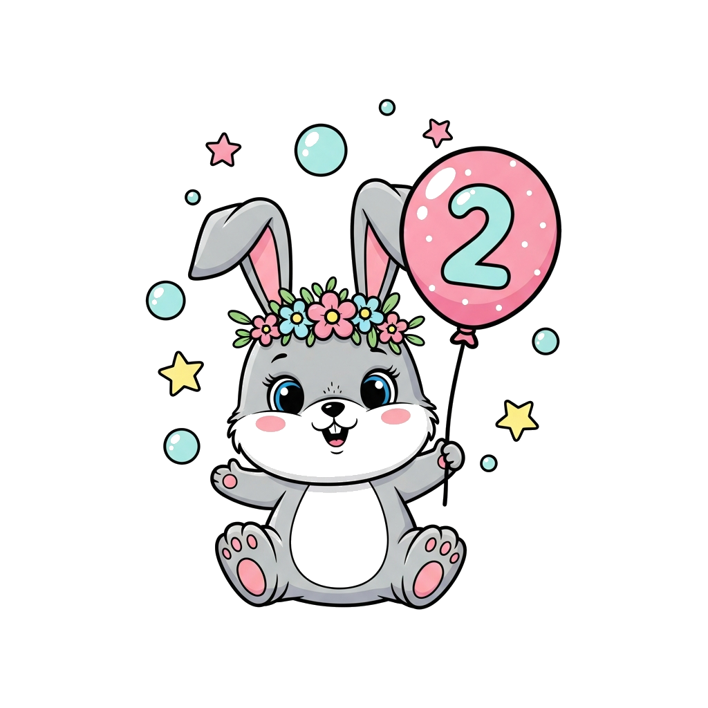 Custom design: A super cute cartoon baby bunny wearing a tiny flower crown, holding a balloon with the number '2' on it, surrounded ...