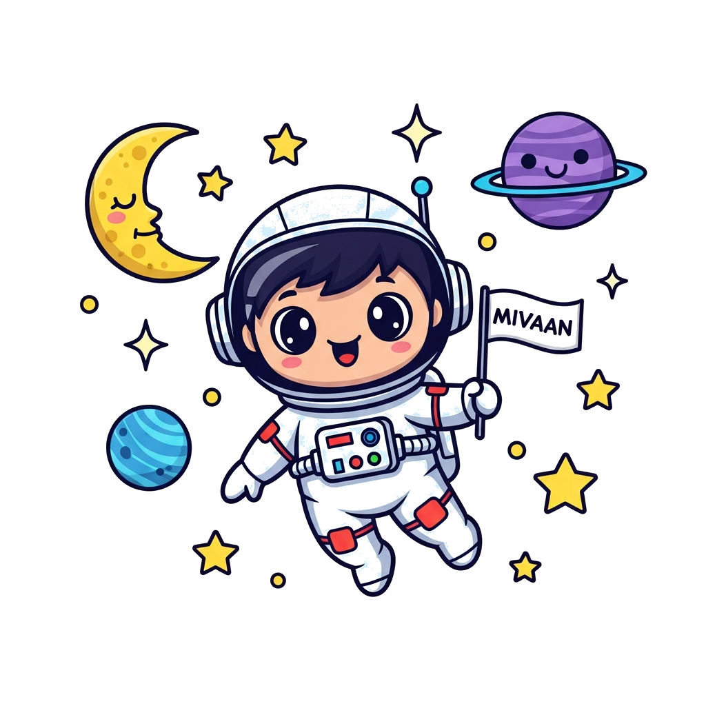 Custom design: A super cute cartoon astronaut child, with big friendly eyes, floating happily in a colorful galaxy. He is holding a ...