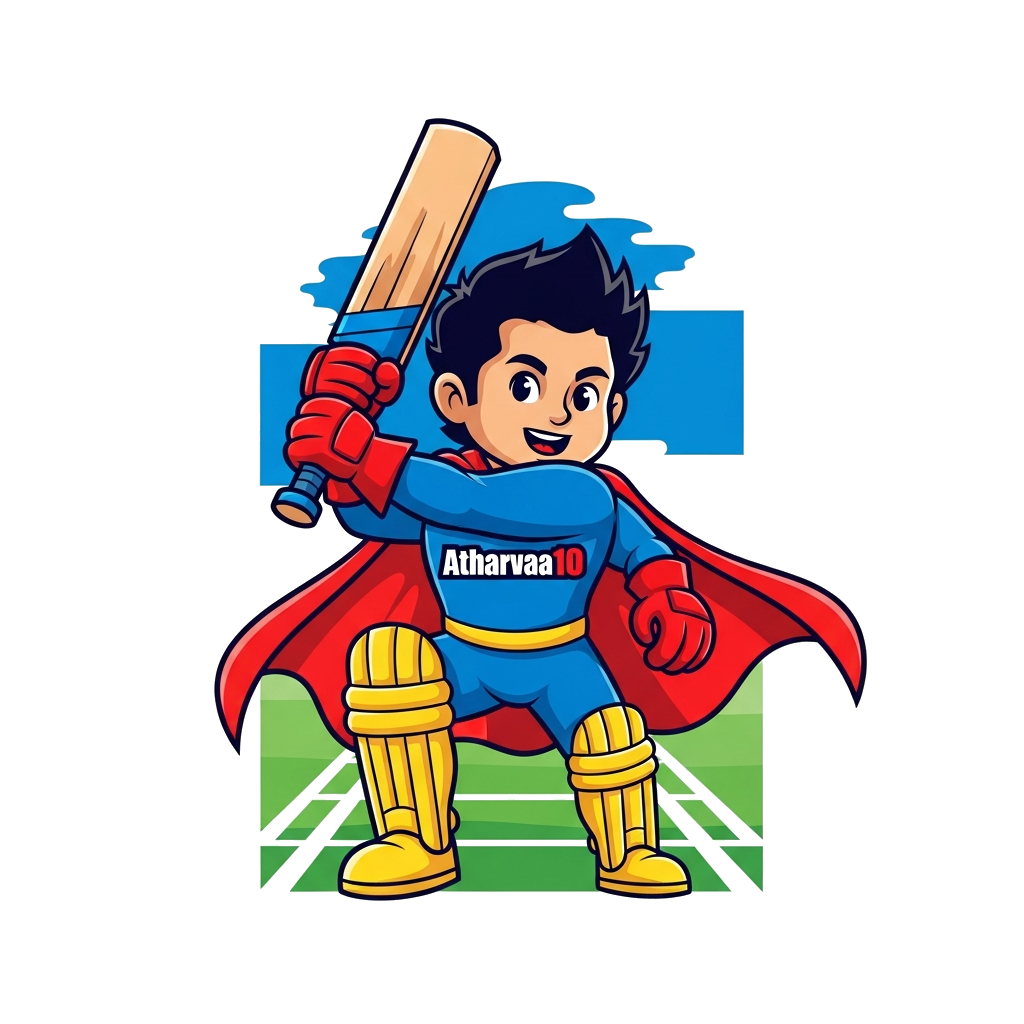 Custom design: A cute cartoon superhero character resembling a young Sachin Tendulkar, wearing a cape and holding a cricket bat, wit...