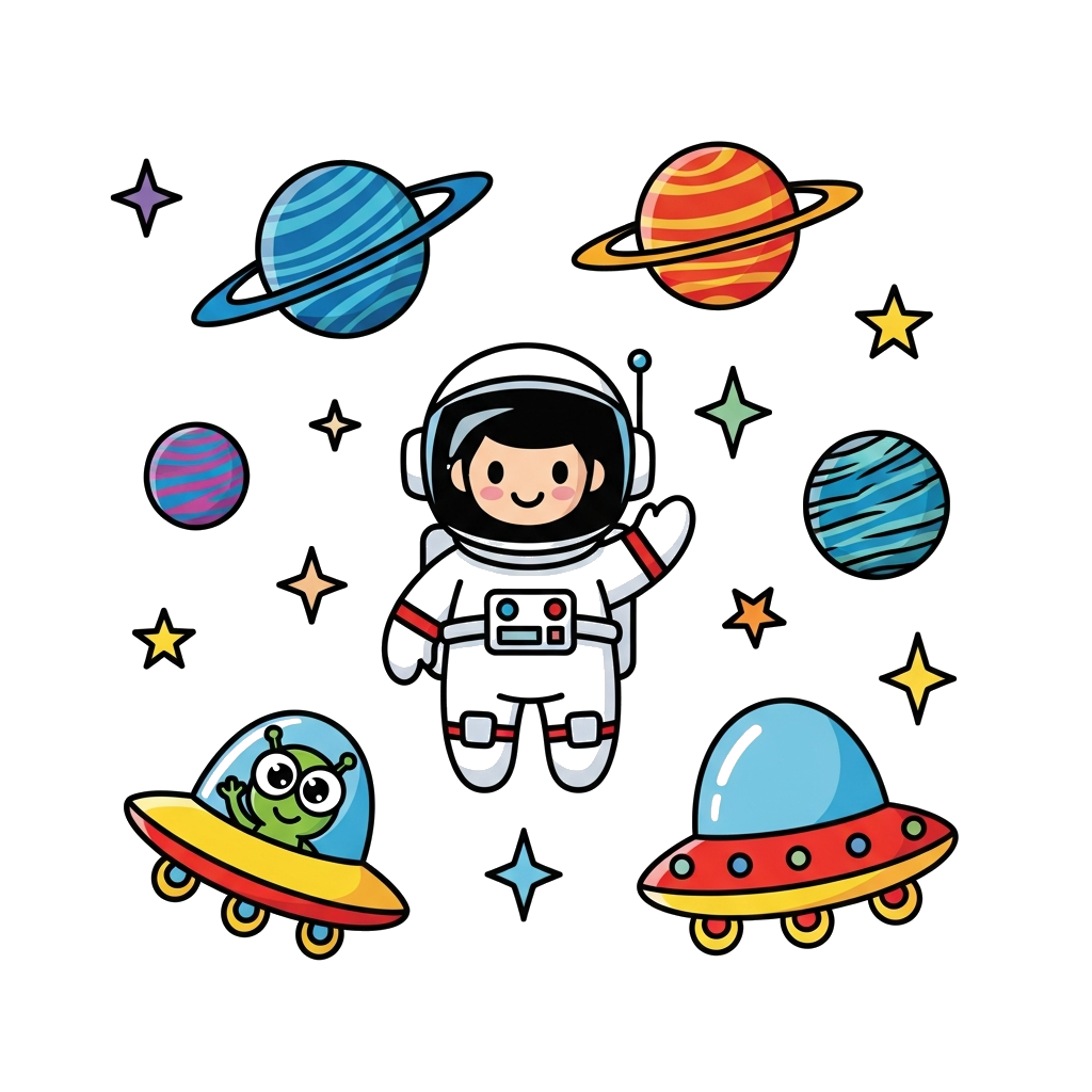 Custom design: A cute cartoon astronaut floating happily in space, surrounded by colorful planets, twinkling stars, and a friendly a...