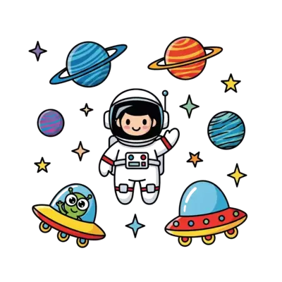 Design: A cute cartoon astronaut floating happily in space, surrounded by colorful pl...