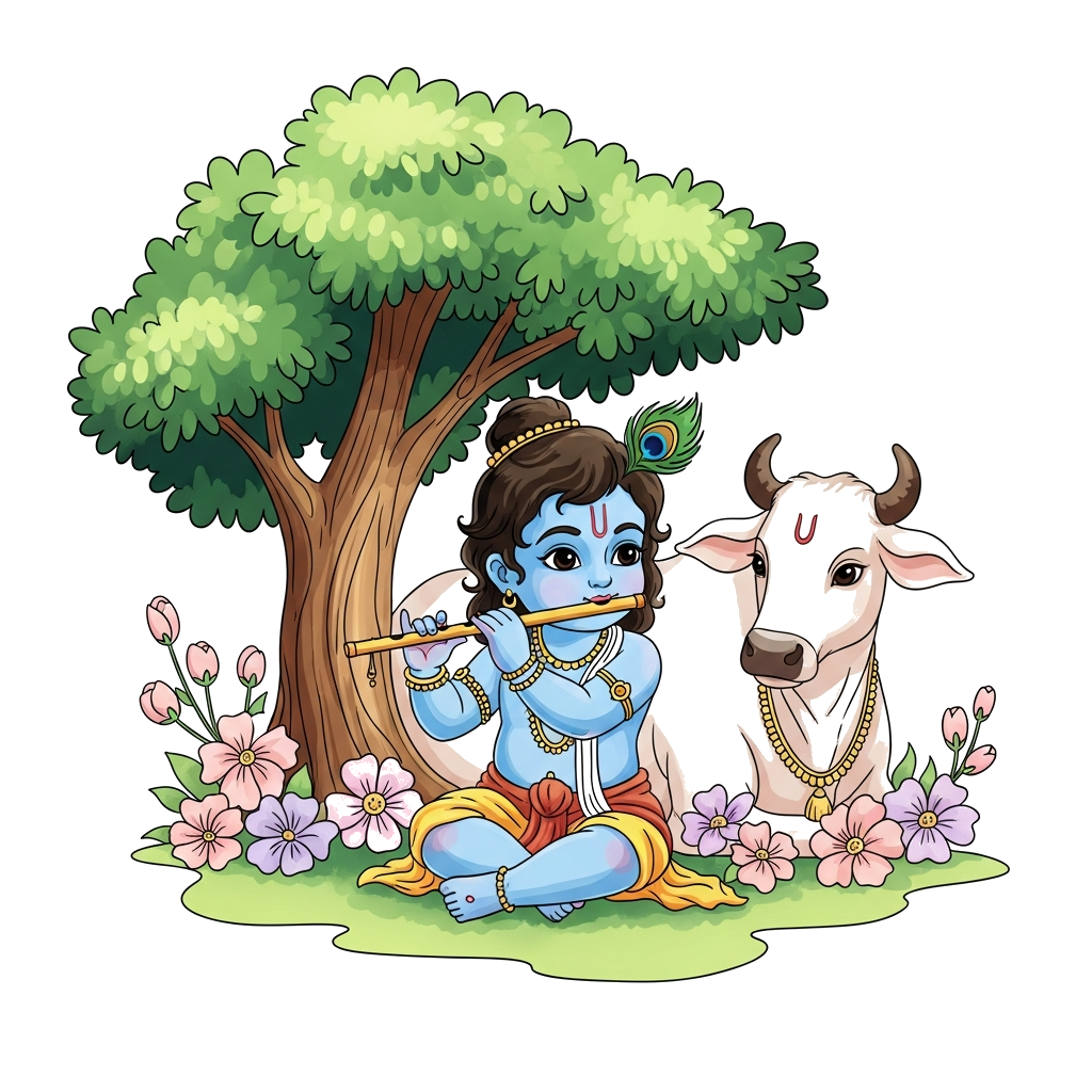 Custom design: A charming watercolor illustration of baby Krishna playing his flute under a tree, surrounded by soft, pastel flowers...