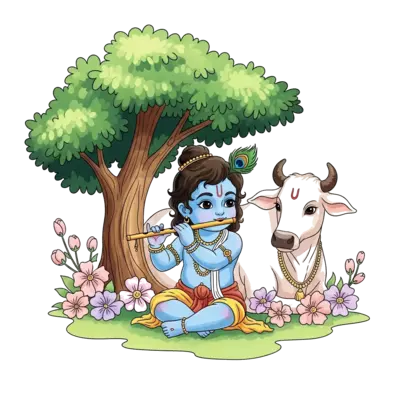Design: A charming watercolor illustration of baby Krishna playing his flute under a ...