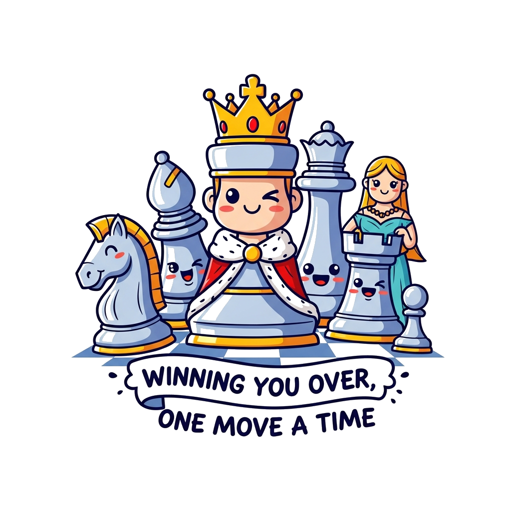 Custom design: A cheerful, cartoon-style chess king with a friendly smile, wearing a golden crown, surrounded by cute, anthropomorph...