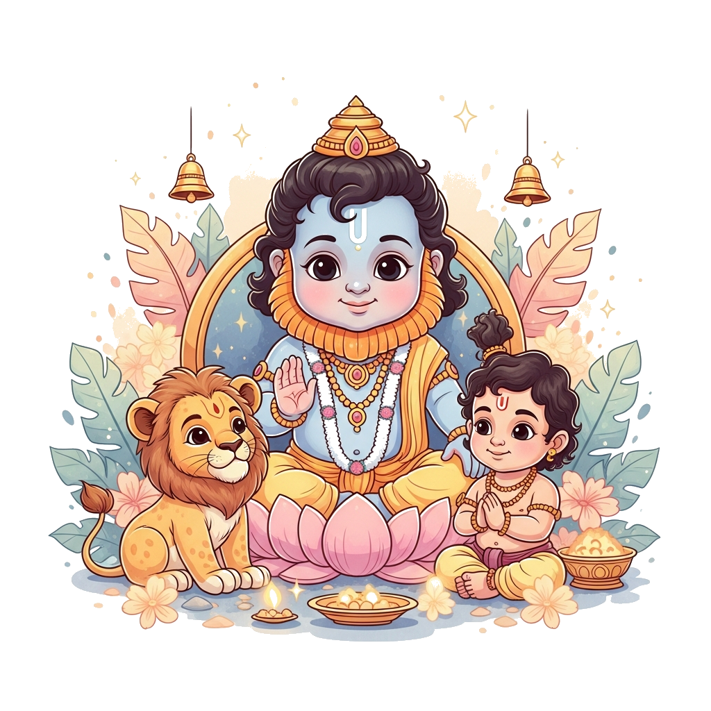 Custom design: A powerful yet cute watercolor illustration of baby Narasimhadev for a kids’ T-shirt design — depicted in a gentle, p...