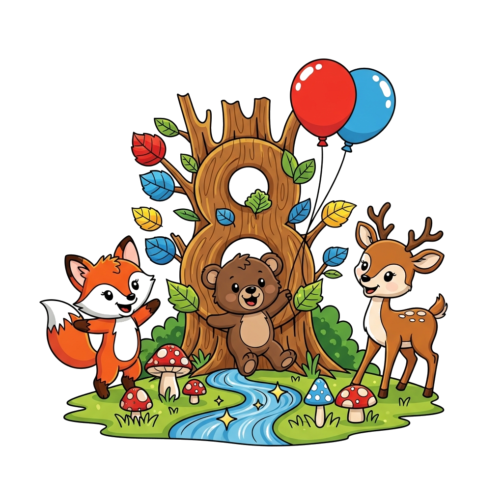 Custom design: A vibrant cartoon illustration of a cheerful forest scene with friendly animals like a fox, bear cub, and deer celebr...