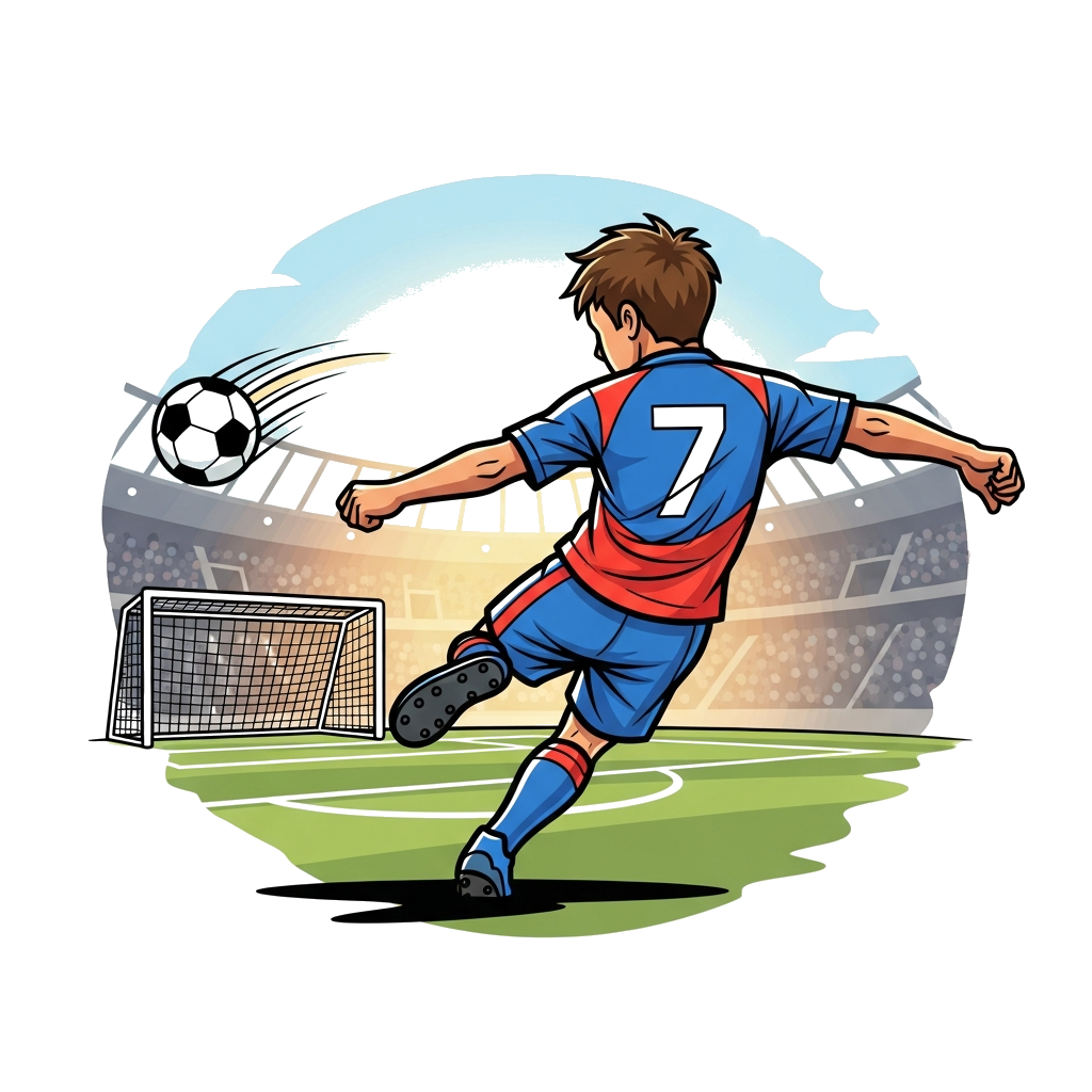 Custom design: A realistic, dynamic illustration of a young, determined footballer in a vibrant jersey with the number '7' clearly v...