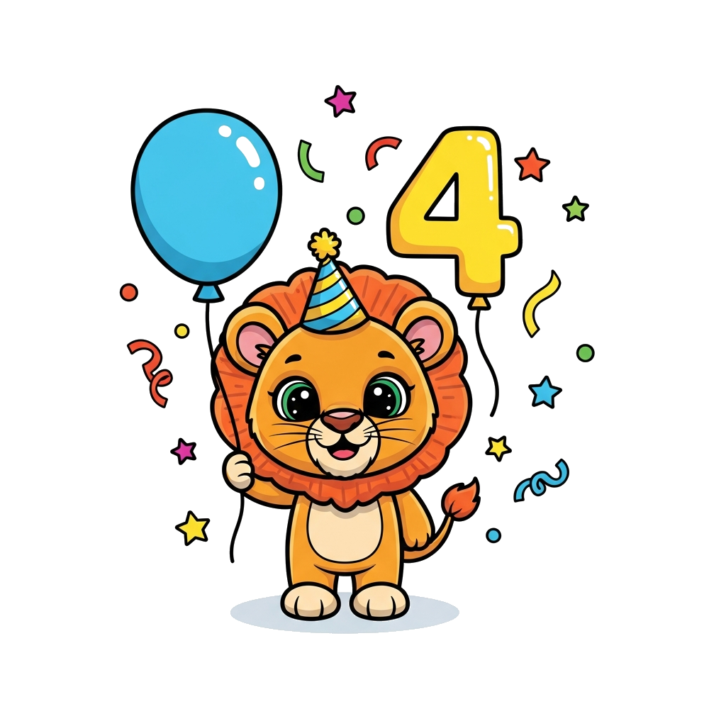 Custom design: A super cute cartoon lion cub with big friendly eyes, wearing a tiny party hat, holding a balloon shaped like the num...