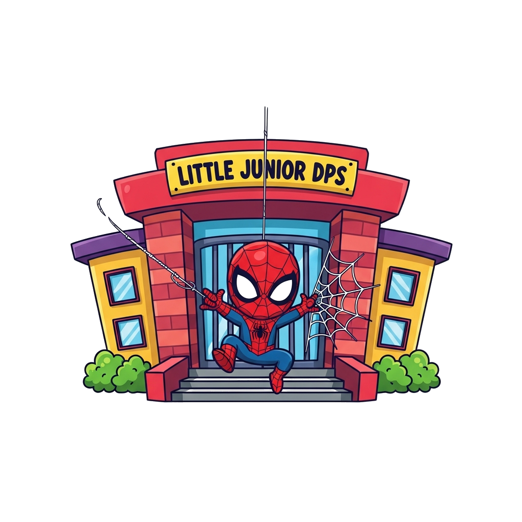 Custom design: A cute, chibi Spiderman swinging playfully with his web through a stylized, colorful school building entrance that re...