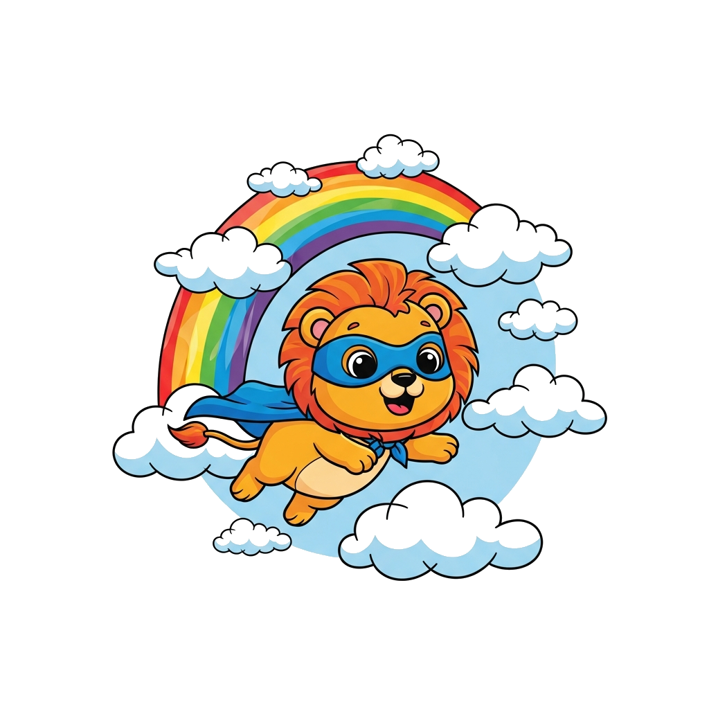Custom design: A super cute cartoon baby lion wearing a tiny superhero mask and cape, flying happily through a sky filled with fluff...