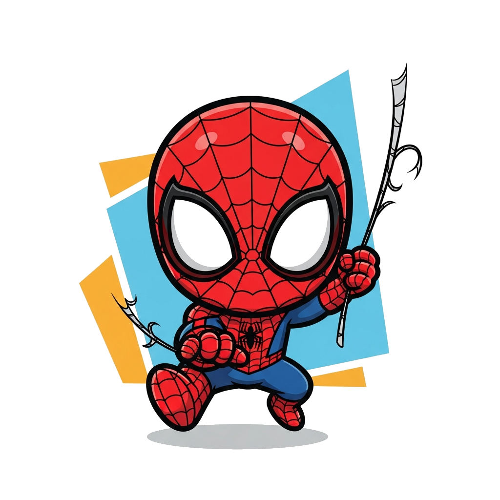 Custom design: A super cute, chibi-style Spider-Man with big, friendly eyes, playfully swinging on a web, set against a simple, colo...