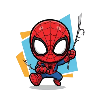 Design: A super cute, chibi-style Spider-Man with big, friendly eyes, playfully swing...