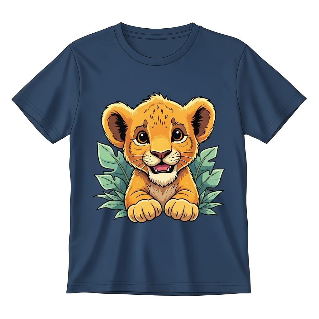 Custom design: A charming, photorealistic illustration of a baby lion cub with a playful expression, surrounded by soft jungle leave...