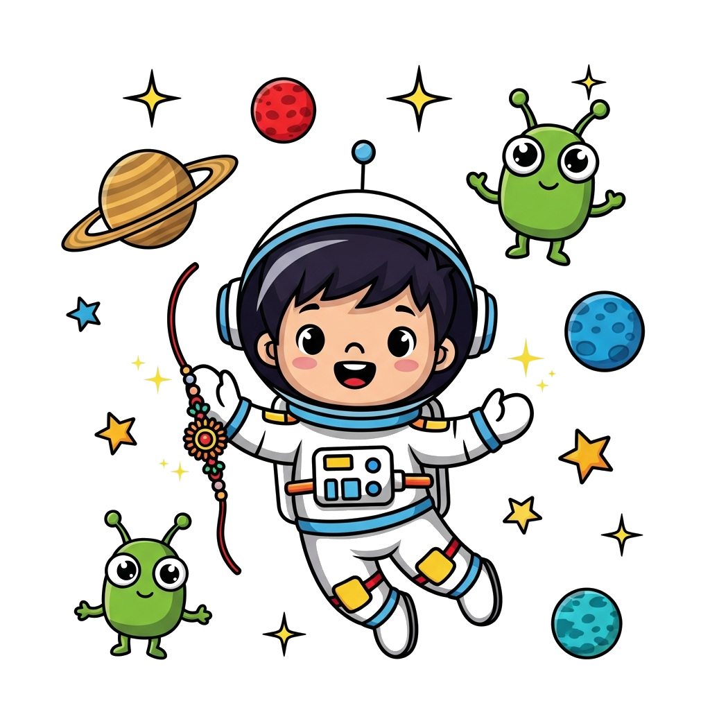 Custom design: A cute cartoon astronaut boy, Chitransh, floating happily in space with planets, stars, and a friendly alien, holding...