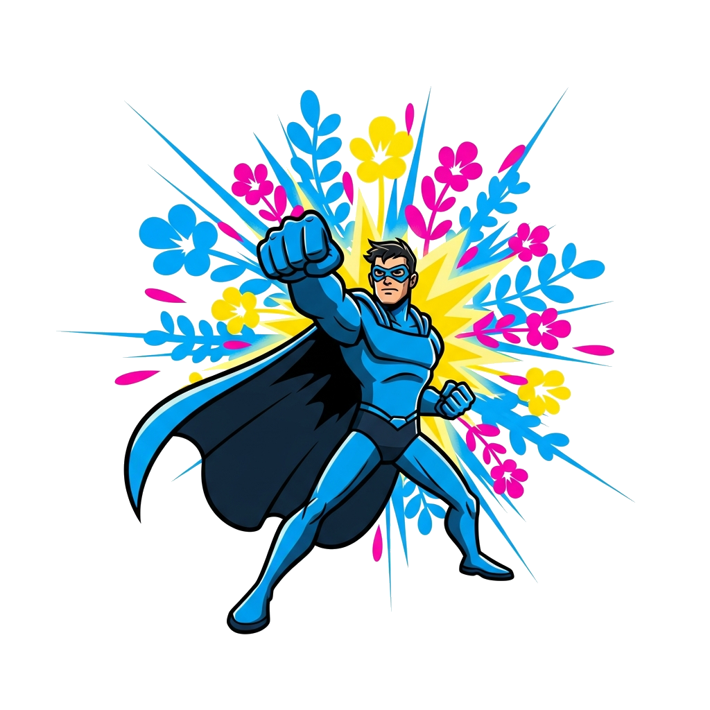 Custom design: A dynamic, bold cartoon superhero character with a powerful stance, surrounded by stylized, glowing floral patterns t...
