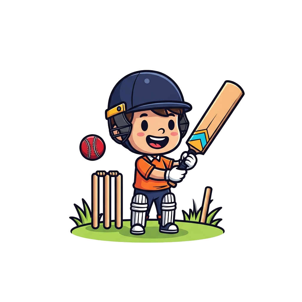 Custom design: A cute cartoon boy, Naman Dhankhar, with a big smile, holding a cricket bat and ball, wearing a tiny cricket helmet, ...