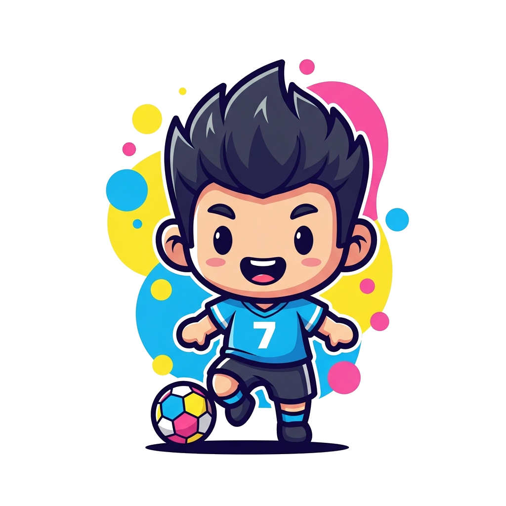 Custom design: A super cute, chibi-style cartoon character resembling a young, smiling football player with spiky hair, wearing a nu...