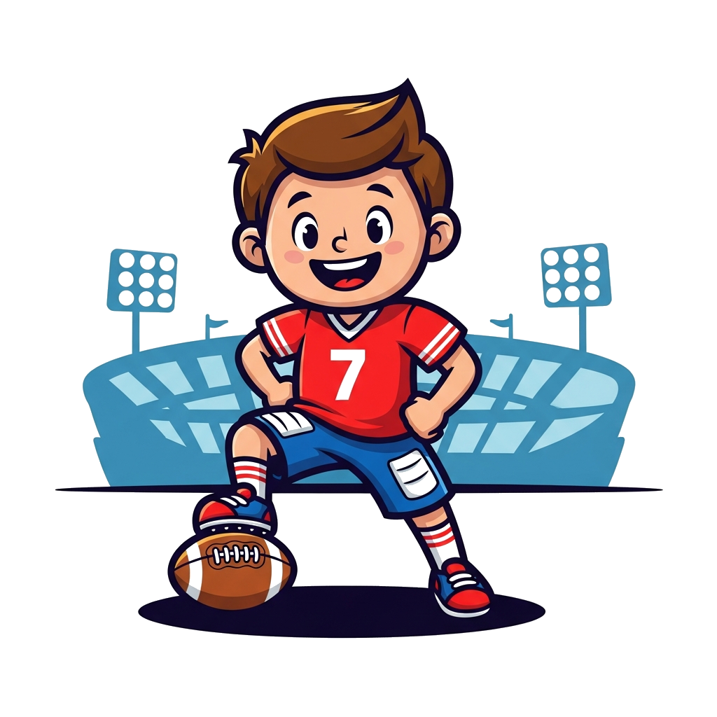 Custom design: A dynamic cartoon illustration of a joyful young boy in a football jersey with the number 7, striking a playful pose,...