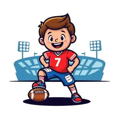 Design: A dynamic cartoon illustration of a joyful young boy in a football jersey wit...