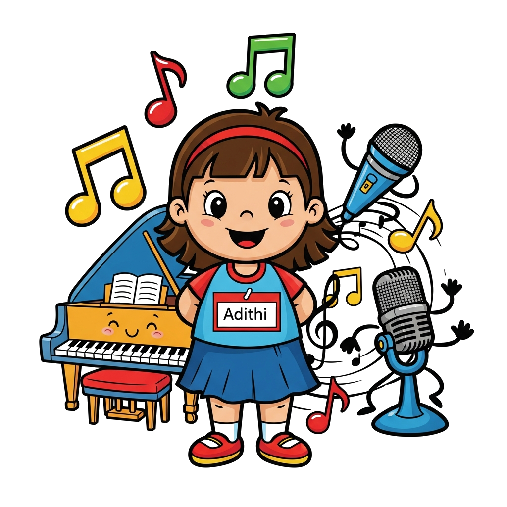 Custom design: A vibrant cartoon illustration of a happy little girl named Adithi, 2 years old, surrounded by oversized musical note...