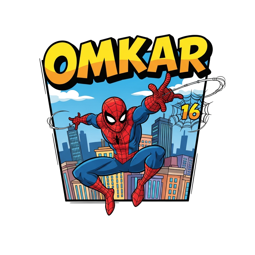 Custom design: A dynamic cartoon illustration of Spider-Man swinging through a vibrant cityscape, with 'Omkar' written in bold, comi...