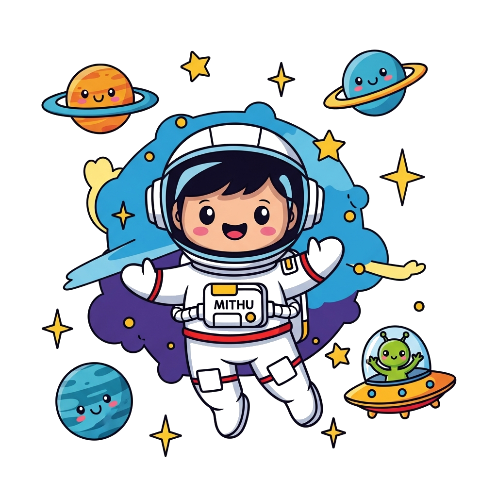 Custom design: A super cute cartoon astronaut character, clearly labeled 'Mithu' on their space suit, floating happily in a vibrant ...