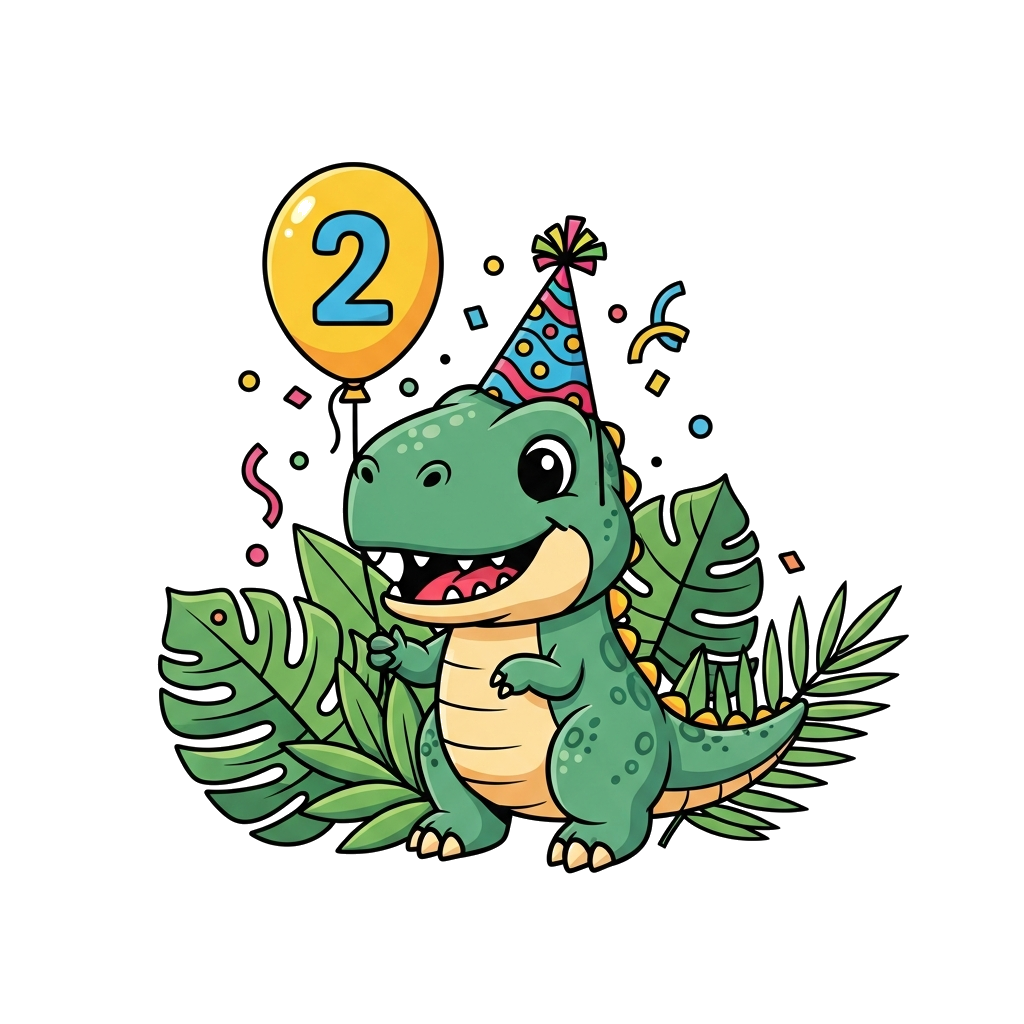 Custom design: A cute cartoon baby T-Rex wearing a party hat, holding a balloon with the number '2', surrounded by jungle leaves and...