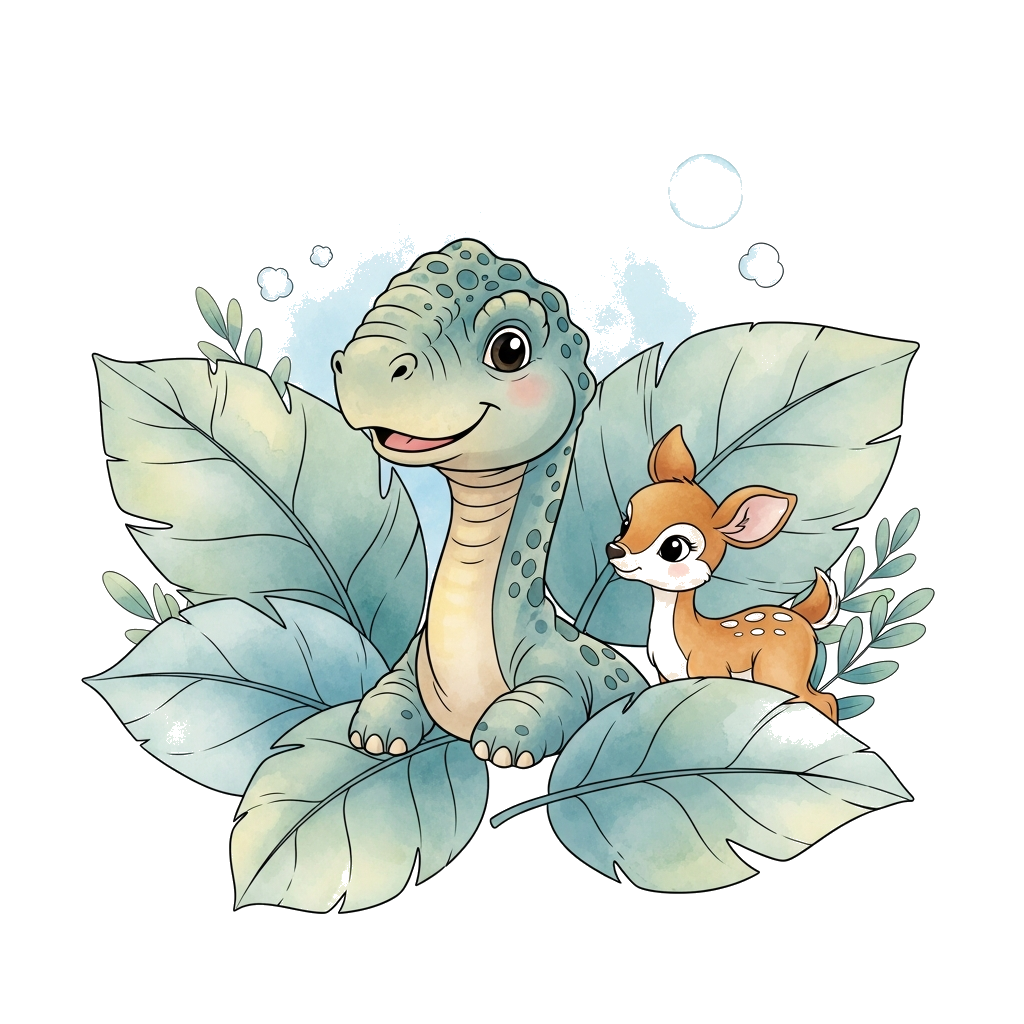 Custom design: A gentle watercolor illustration of a friendly baby Brontosaurus peeking out from behind large, soft watercolor leave...