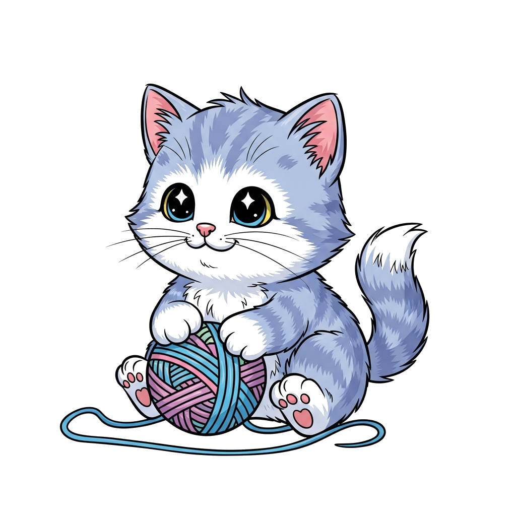 Custom design: A super cute, fluffy cartoon kitten with big sparkling eyes, happily playing with a colorful ball of yarn, in a soft ...
