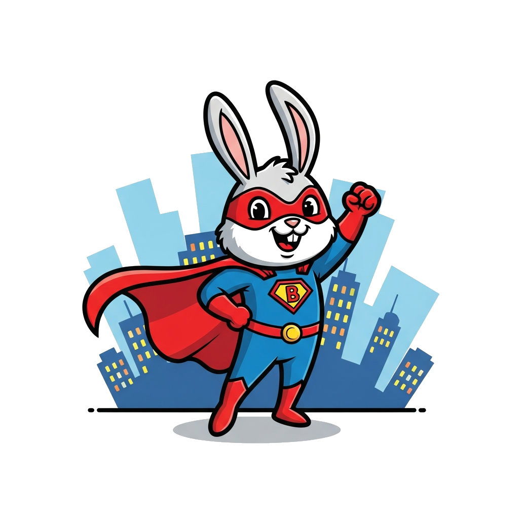 Custom design: A charming cartoon bunny superhero with a flowing cape and a small 'B' emblem, striking a heroic pose amidst a citysc...