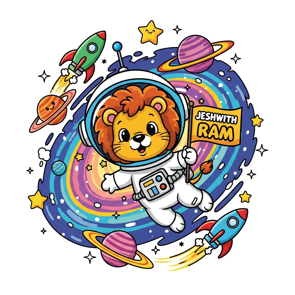 Custom design: A cute cartoon baby lion astronaut floating in a vibrant galaxy, surrounded by friendly planets, stars, and colorful ...