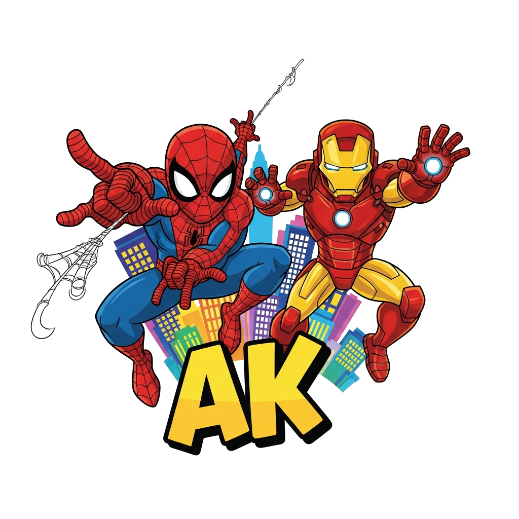 Custom design: A dynamic cartoon illustration of Spider-Man swinging into action next to Iron Man in a heroic pose, with 'AK' promin...