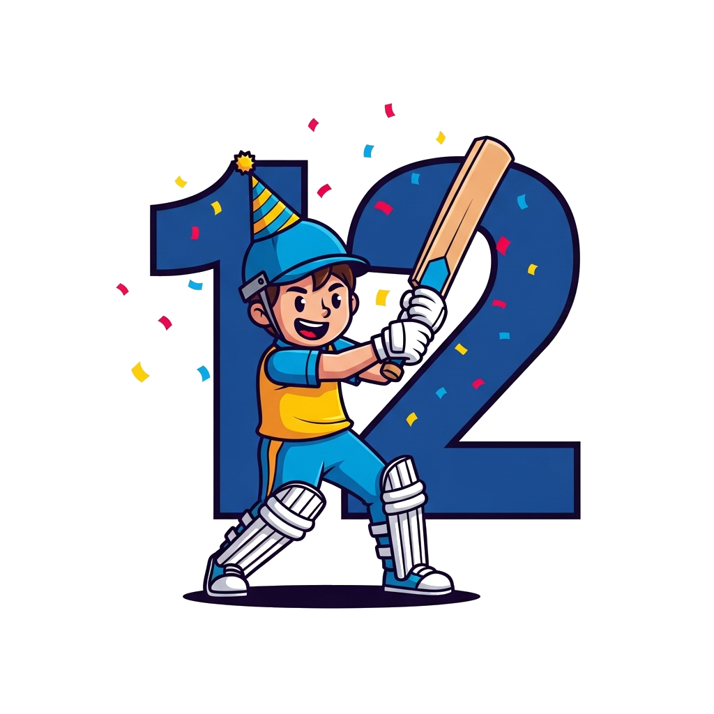 Custom design: A cheerful, cute cartoon boy cricketer in action, swinging a bat, with a big number '12' integrated into the backgrou...