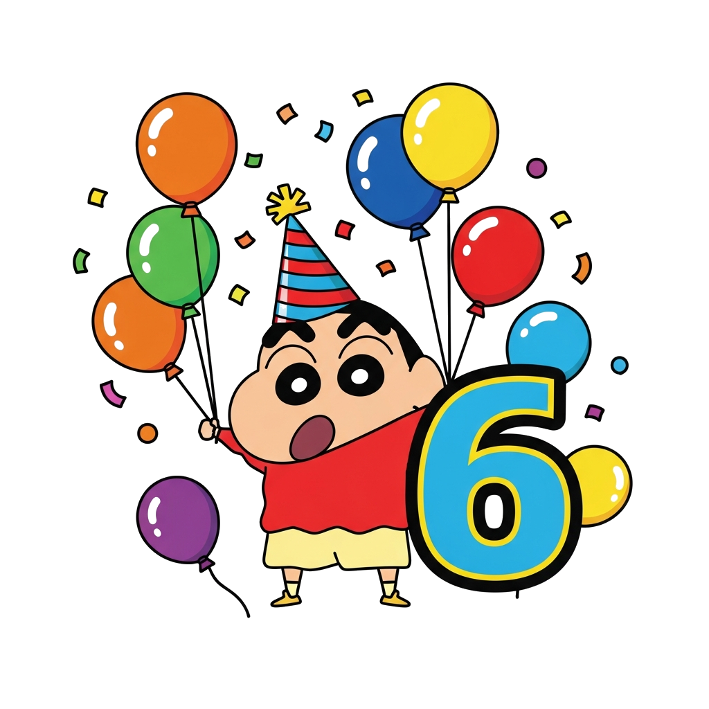 Custom design: A cheerful cartoon illustration of Shin Chan wearing a party hat, surrounded by colorful balloons and confetti, with ...